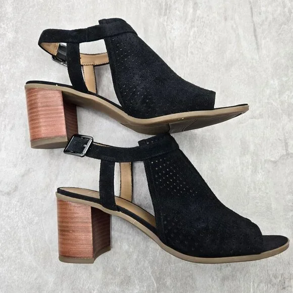 Franco Sarto Heeled Sandals Sz 8 Black Perferated Suede Dressy Block Heel Shoes - Picture 6 of 12